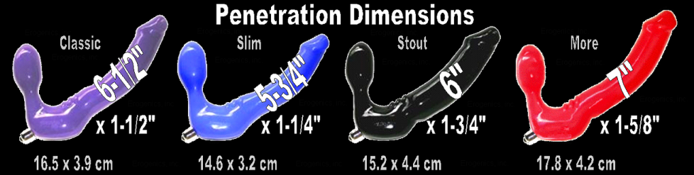 Pictue with Dimensions - FOUR Strapless dildo  Sizes